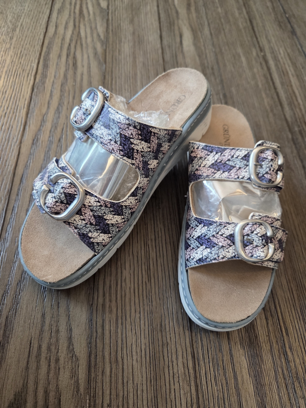 Grunland Double-Buckle Slide Sandals in Purple & Silver